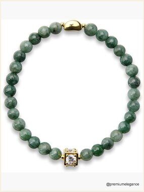 6mm Real Green Jade Bangle Bracelet 18K Gold-Plated Feng Shui Good Luck Karma